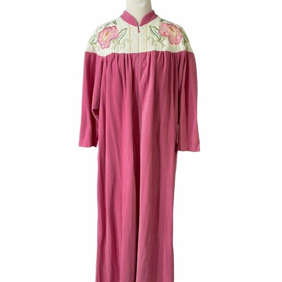 Vanity Fair Pink Robe Size L Zipper Front Fleece Floral Embroidery Vintage 1980s - Picture 5 of 9